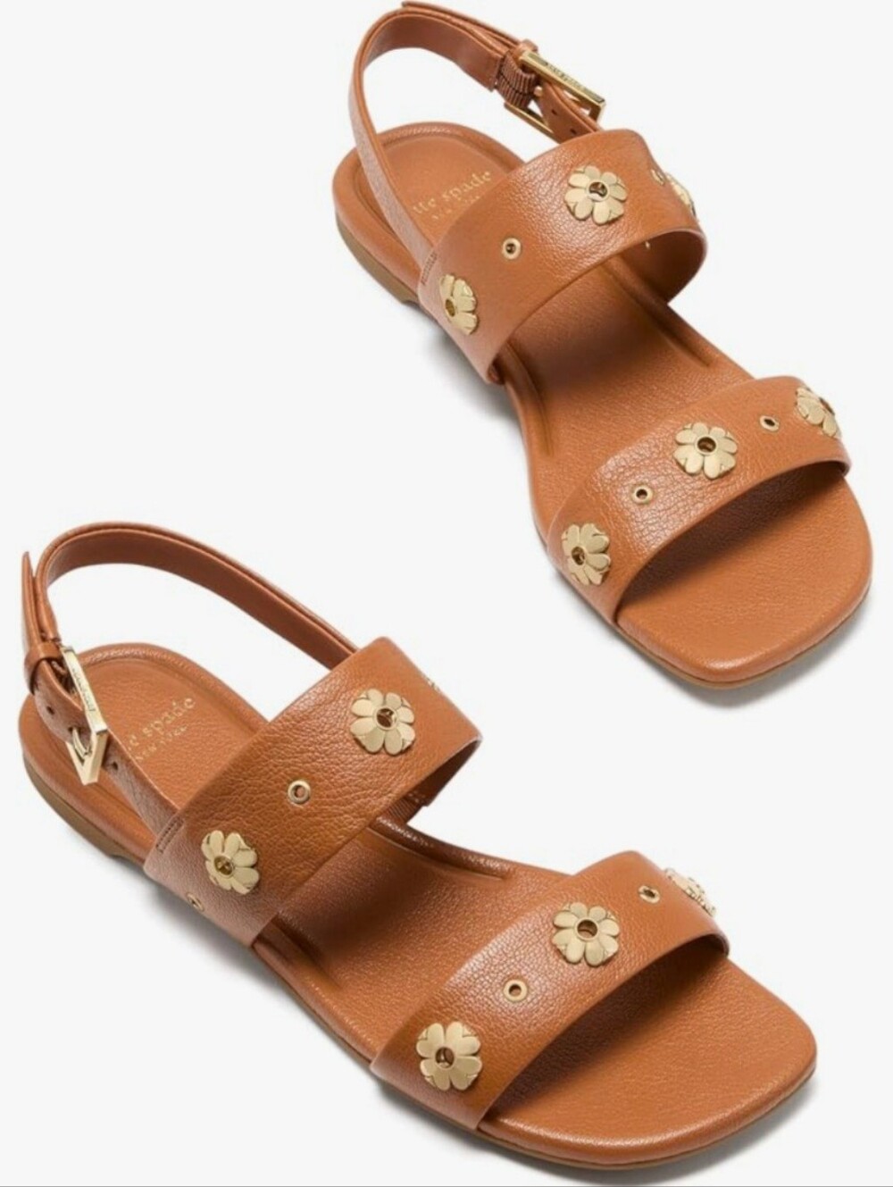 Kate Spade New York NWT Spade Flower Stud Flat Sandals Pebbled Leather Size 6.5B